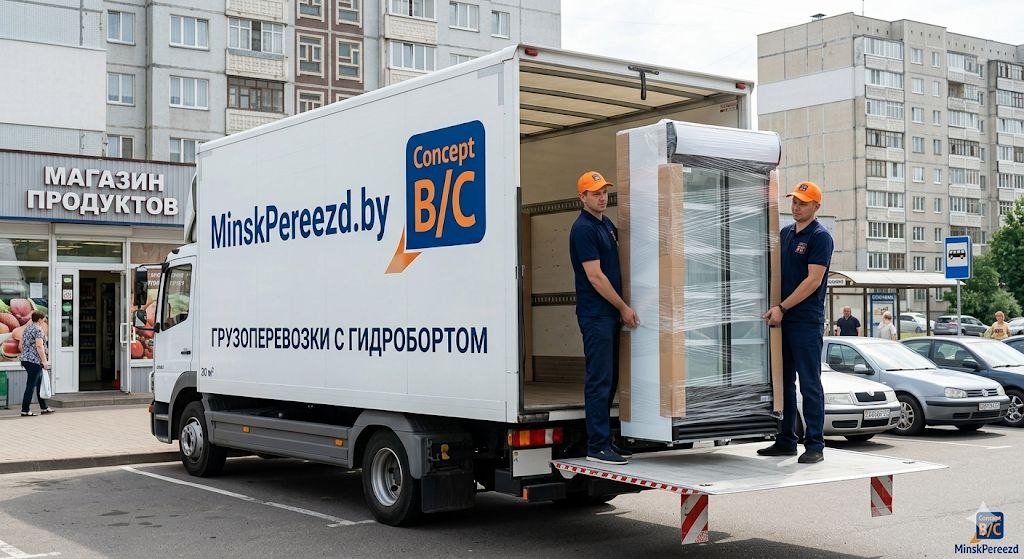 Погрузка тяжёлого оборудования в грузовик с гидробортом с уровня земли в Минске.