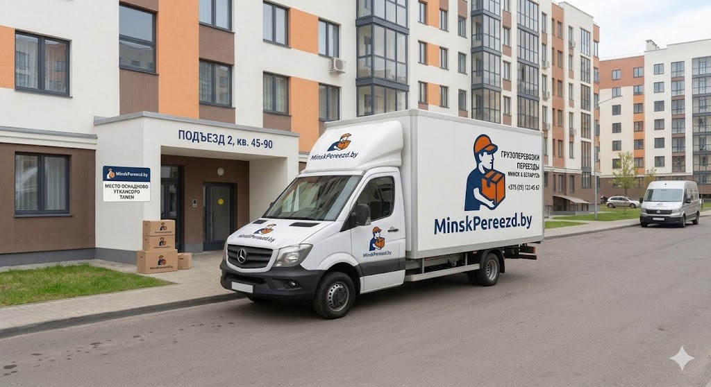 Белый фургон MinskPereezd.by у подъезда дома в назначенное время — квартирный переезд Минск