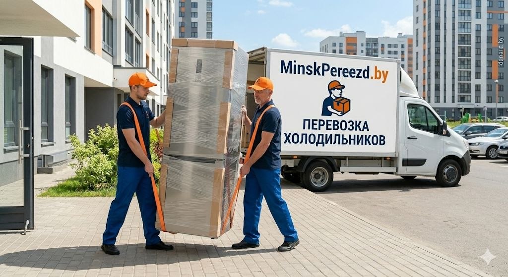 Надежное крепление высокого холодильника стяжными ремнями строго вертикально в кузове фургона MinskPereezd.by.